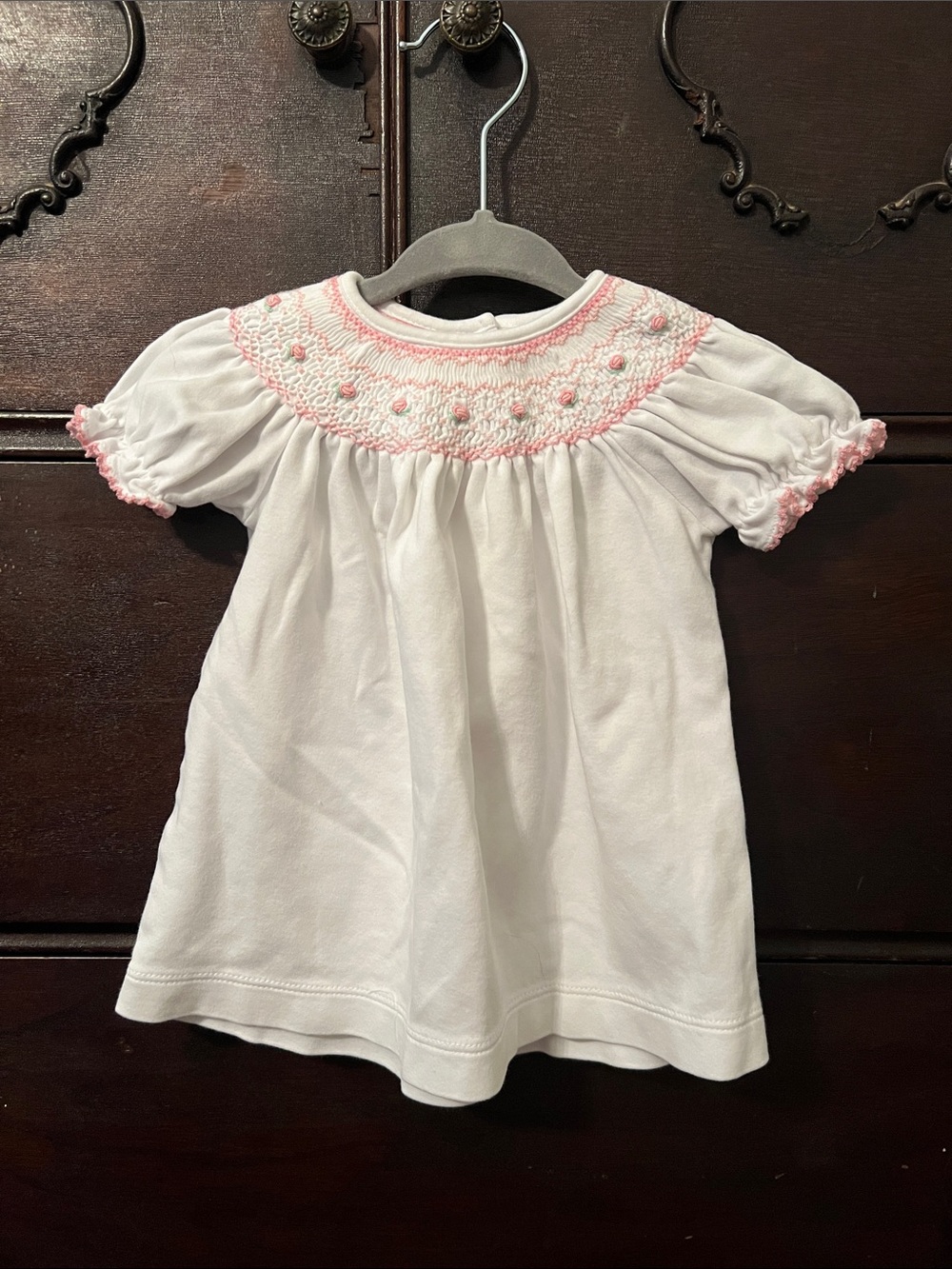 White Smocked Baby Dress with Pink Rosebud Trim